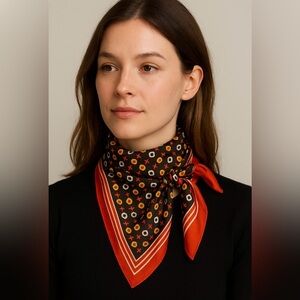 Vintage Japanese Acetate Twill Scarf - Retro Floral Geometric Print